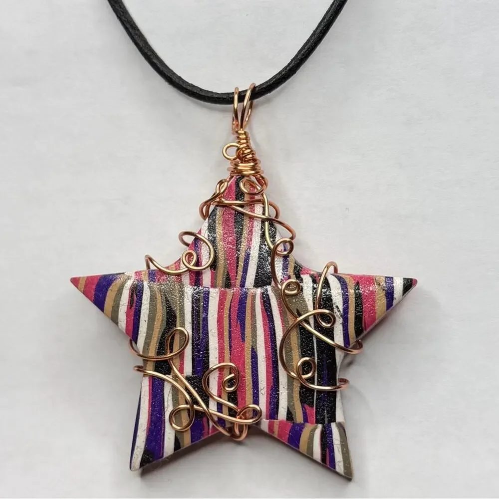 Cooper wire wrap star necklace leather cord
